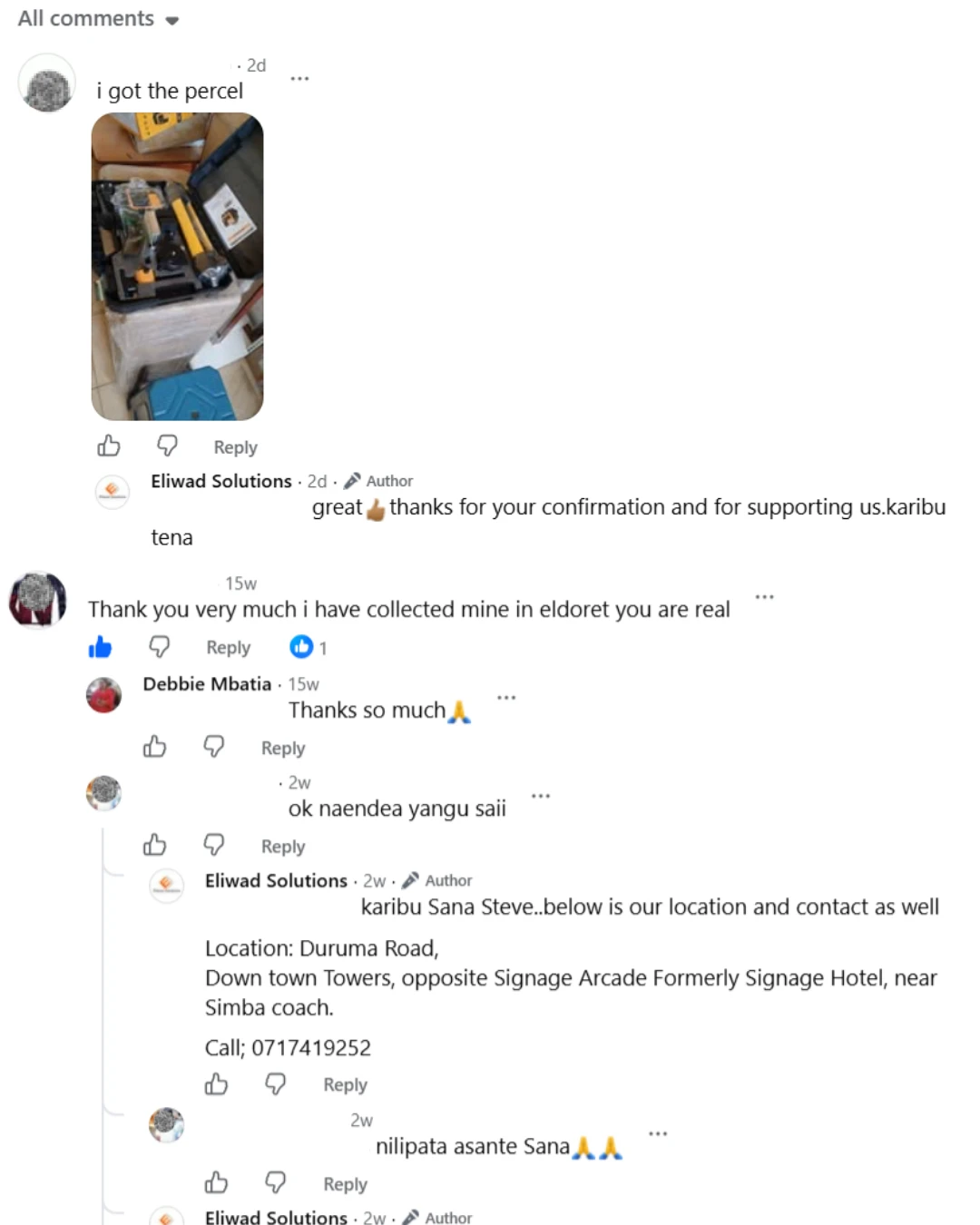 screenshot showing positive reviews from customers who received their shipment