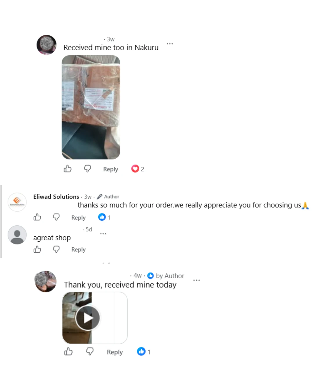 screenshot showing positive reviews from customers who received their shipment